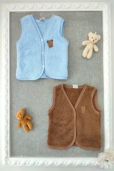 BEBENAZ erkek bebek ayıcık armalı önden çıtçıtlı welsoftlu 2'li bebek peluş yelek