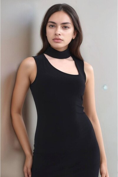 Genel Markalar Kadın Asimetrik Yaka Sandy Kumaş Fırsat Ürün Diz Üstü Elbise