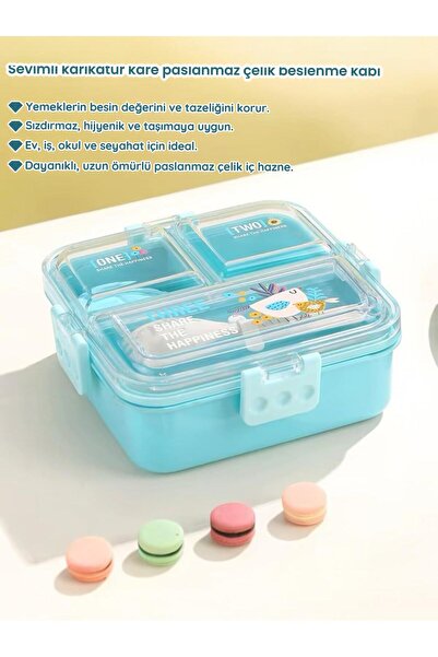 SANALTİCARETİM 3-Compartment Stainless Steel Blue Color Sauce Covered Lunch Box Food Container