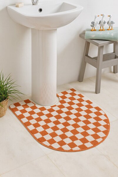 EUROBANO Checker Patterned Non-Slip Base Washable 80X50 cm Single Oval Bathro...