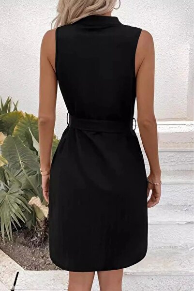 Faylora Women's Zero Sleeve Judge Collar Front Buttoned Waist Belted Imported Linen Dress