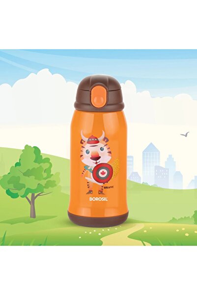 Borosil Tigry Kids Sipper Water Bottle 500ml, Stainless Steel, Hot & Cold 12 Hrs, Straw & Carry Bag-Orange