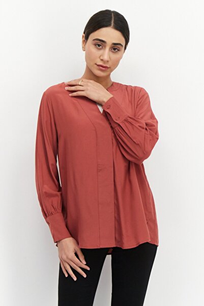 Esprit Women Split Neck Long Sleeves Solid Blouse, Brown