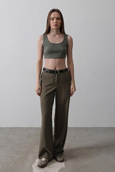 ASH GİYİM Belted Palazzo Trousers - Khaki-White