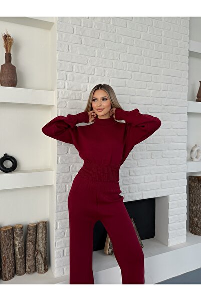 LE CARAMBOLE Women's Burgundy Half Fisherman Drawstring Detailed Top and Bottom Set