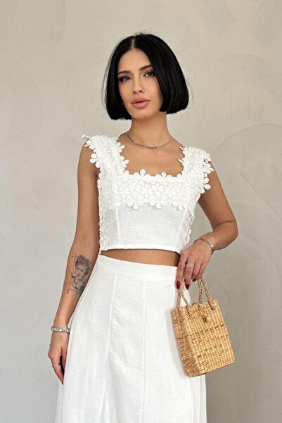 DEAG White Guipure Crop and Skirt Set