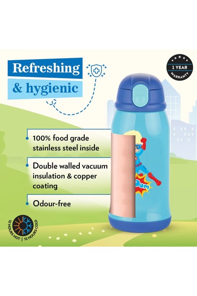 Borosil Superhero Kids Sipper Water Bottle 500ml, Stainless Steel, Hot & Cold 12 Hrs,Straw & Carry Bag-Blue