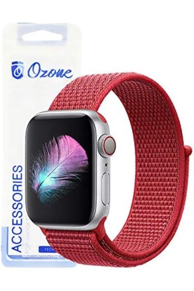 ozone حزام نايلون لساعة أبل 44 مم / 42 مم مع قفل بخطاف وحلقة لسلسلة 4/3/2/1 أحمر