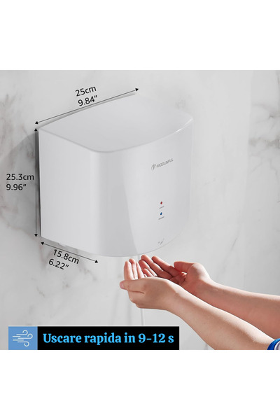 modunful Electric hand dryer, with automatic infrared sensor, wall-mounted, 1200W, hot/cold air, white