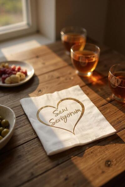 Cadde Süs I Love You Themed Gold Napkins, Pack of 20