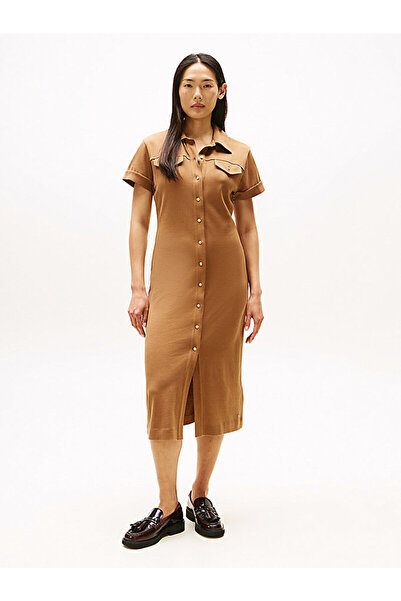 Tommy Hilfiger Kadın Normal Kalıp Gold Düğme Detaylı Saf Pamuklu Midi Kahverengi Elbise WW0WW44617-GWA