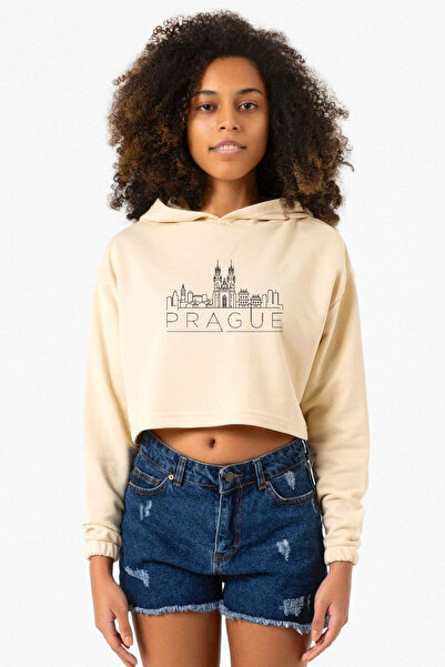 Tshirthane Prag Silhouette Beige Women's Crop Hoodie