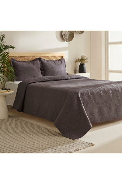 Karaca Leaf Bettüberwurf-Set Anthrazit 230x240 Cm + 2 (50x70 Cm)