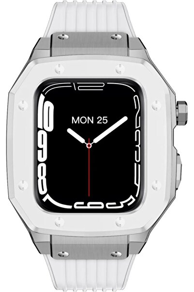 O Ozone سوار سيليكون مطاطي مع علبة معدنية لساعة أبل 45 مم 44 مم أبيض