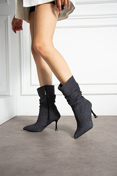 BERFONA HELEN SİYAH KOT 7 CM TOPUKLU SİVRİ BURUN KÖRÜKLÜ BOT BOTTİE