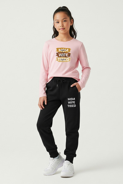 YA KO KİDS Round Neck Super Mom Print Detail Girl's Top-Bottom Set
