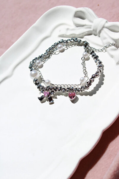 Harlofia Jewelry Pearl Detailed Pink Heart Bow Bracelet