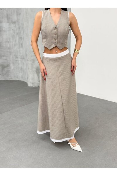 Adora Moda Women's Striped Garnished Midi Length Bell Skirt Vest Set