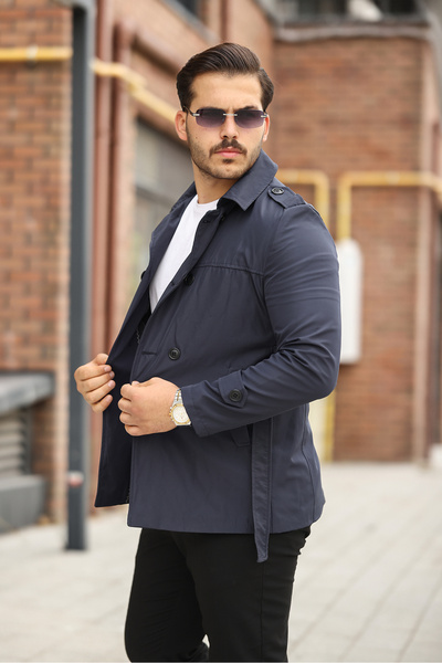 Mero Life Men's Navy Blue Seasonal Lined Belted Double-Breasted Trench Coat