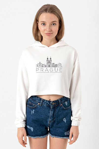 Tshirthane Prag Silhouette Ecru Women's Crop Hoodie