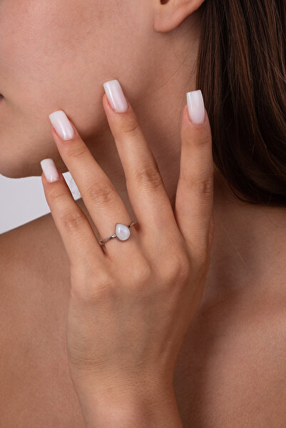 jingle bells Doğal Ay Taşı Damla Taşlı Yüzük 925 Ayar Gümüş Rodyum