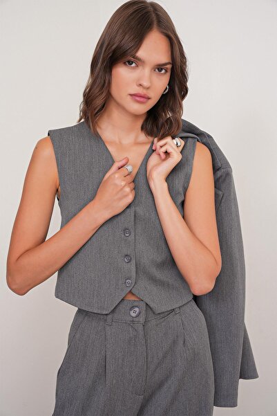 Mixray 4743 Women's V-Neck Buttoned Bodycon Vest Anthracite