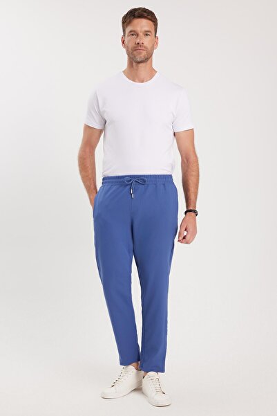 Tudors Erkek Regular Fit Beli Lastikli Bağcıklı Jogger İndigo Pantolon Rahat Kesim Yan Cepli