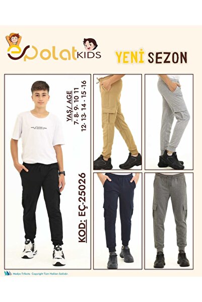 polat kids siyah çift kargo ceplik iki iplik rahat çocuk okul pantolonu