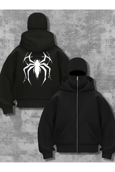 1blood Unisex oversized Μαύρο Spider με τύπωμα Hoodie με μάσκα