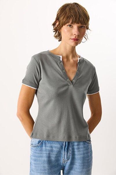 VENA Ribbed 100% Cotton T-Shirt with Snap Collar - Anthracite