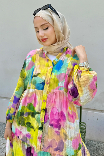 Tesettür Diyarı Kadın Yazlık kumaş Tril Tril Çiçekli Gömlek Elbise