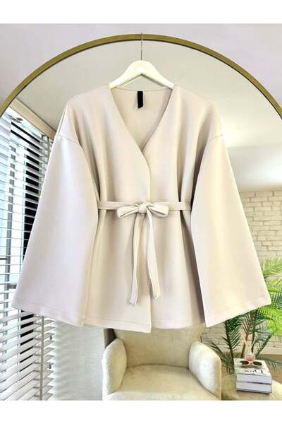 Giyim Gezegeni New Season Light Beige Belted Scuba Jacket Kimono Tunic Oversize Trend Casual Modern Modest Chic