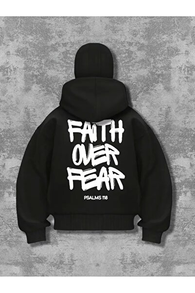 1blood Unisex Oversize Black Fait over Fear Printed Masked Hoodie