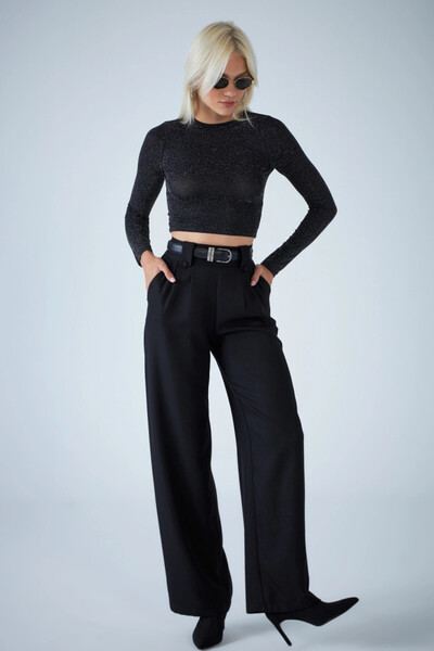 Cool & Sexy Women's Black Pleated Wide Leg Pants Der3008