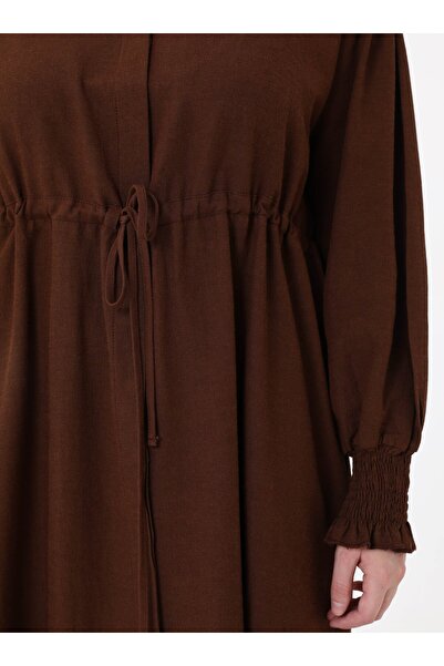 ALİA Beli Bağlamalı Önü Patlı Büyük Beden Elbise - Kahverengi -