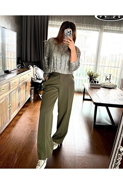 ELASCLOTHİNGG Haki Kadın Palazzo Pantolon