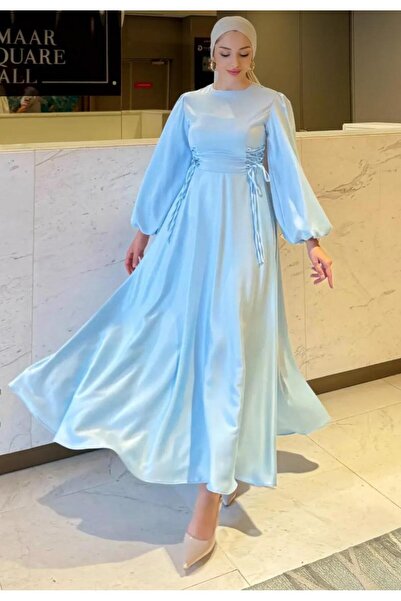 TESETTÜR AKBAŞ Yanlardan Büzmeli Saten Abiye Elbise