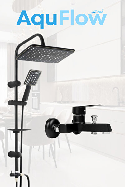 AquFlow Siyah Lüx Robot Duş Seti ve Lüx Siyah Kare Banyo Bataryası