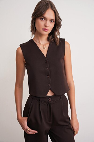 Mixray 4743 Women's V-Neck Buttoned Bodycon Vest Brown