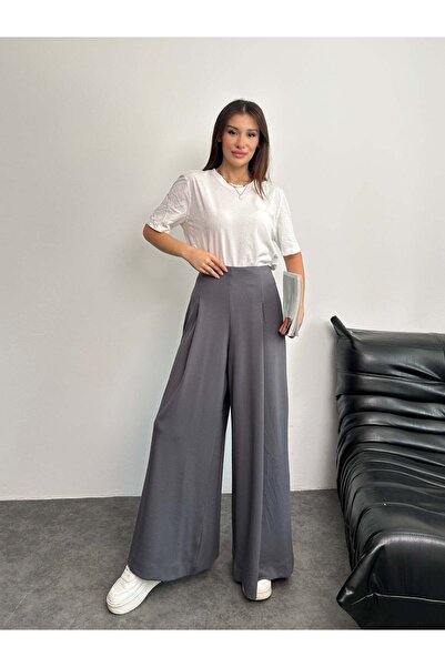 Hatun Atila High Waist Pleated Detail Wide Leg Pants 8909 - Anthracite