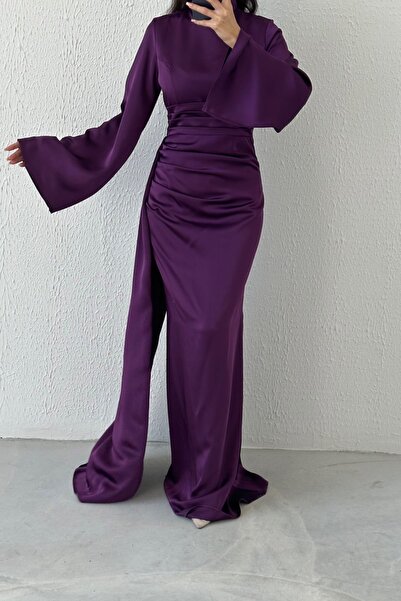 leyuze Kuyruk Detaylı Saten Tesettür Abiye Mor