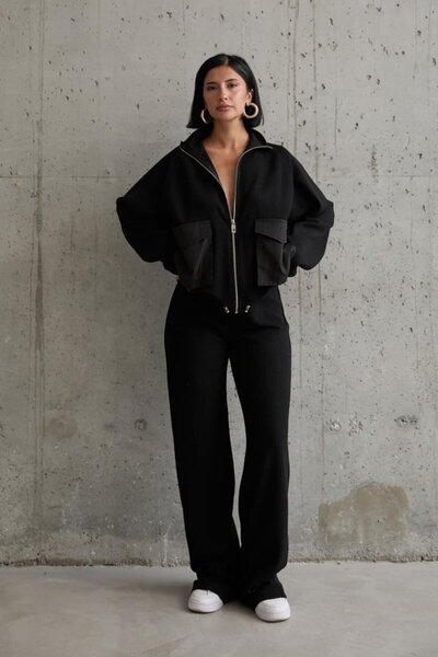 NOSTALJİX طقم جاكيت وبنطلون تريكو بجيب أسود