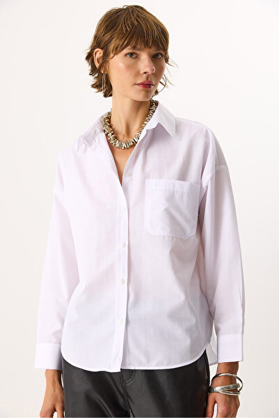VENA Women's Regular Fit Pocketed 100% Cotton Poplin Shirt - White