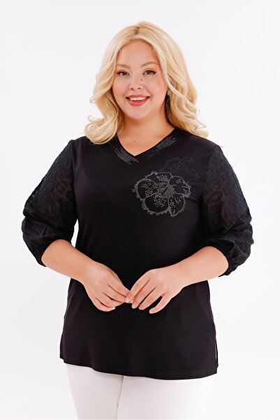 Siyezen Μπλούζα μεγάλου μεγέθους με υφαντά μανίκια και λεπτομέρεια από τούλι,...