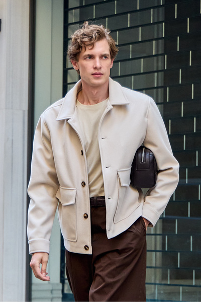 Danger Men's Shirt Collar Buttoned Cashmere Coat Jacket Ecru