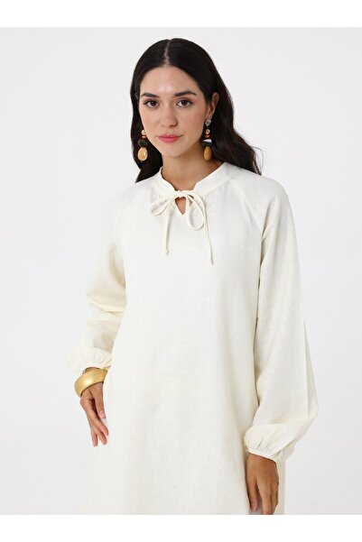 Refka Tunic Pants Double Set with Tie Collar Detail - Ecru -