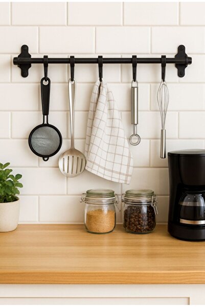 VENON 50 Cm Siyah 6 Kancalı ( FULL METAL ) Mutfak Banyo Havlu Kupa Fincan Kaşık Bez Askısı