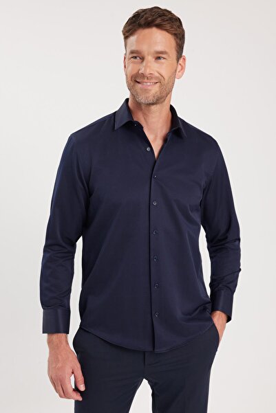 Tudors Erkek Regular Fit Klasik Kesim Pamuklu Düz Lacivert Gömlek