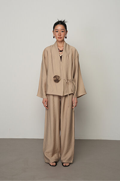 Orfeo Negro Women's Rose Detailed Side Tie Solid Color Kimono-Jacket