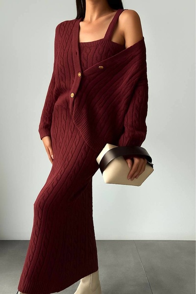 Lusin Women's Burgundy Hair Braided Detailed Skirt Cardigan Crop Triple Knitwear Set